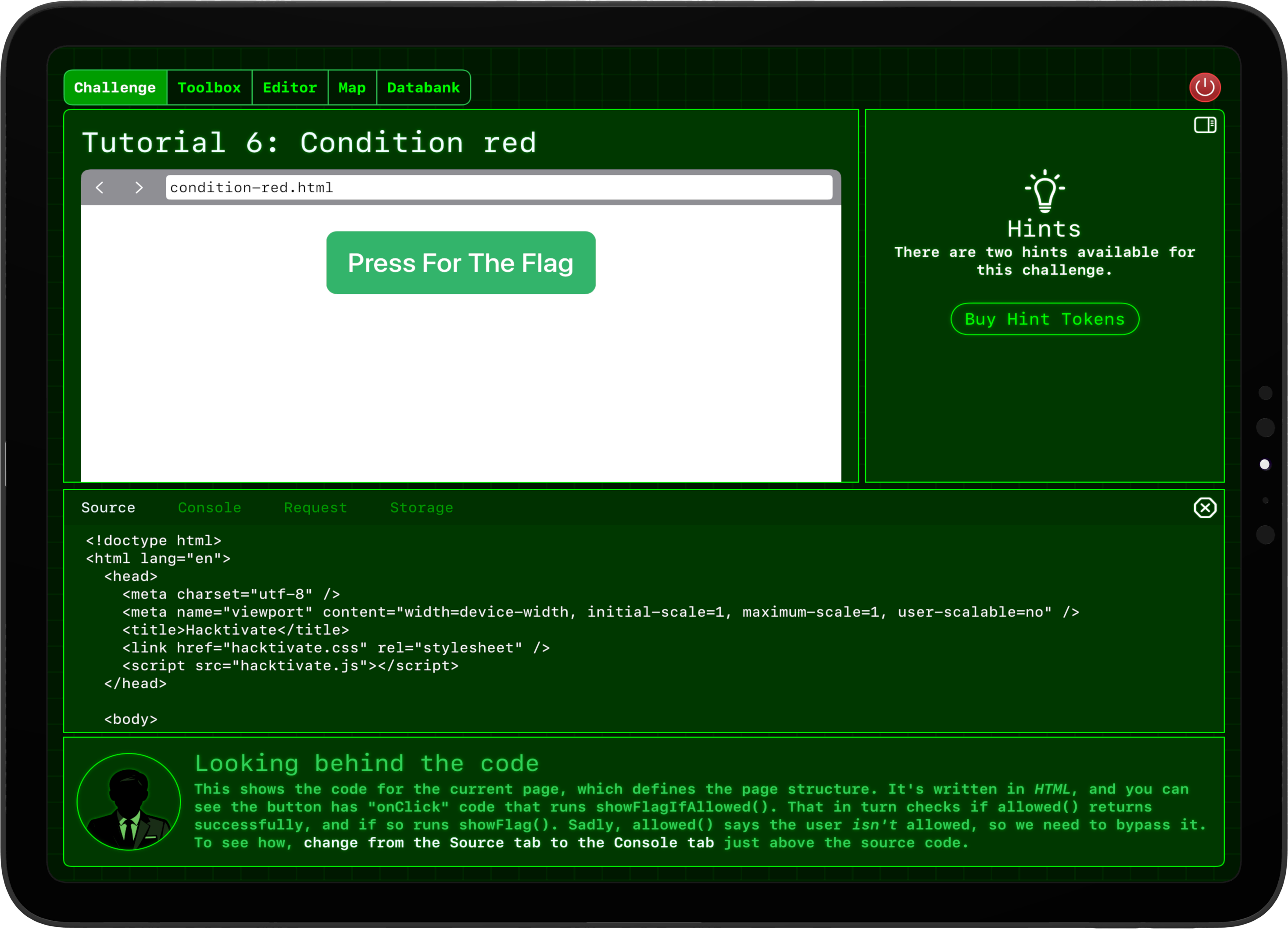 A web browser challenge in Hacktivate, showing HTML source code.
