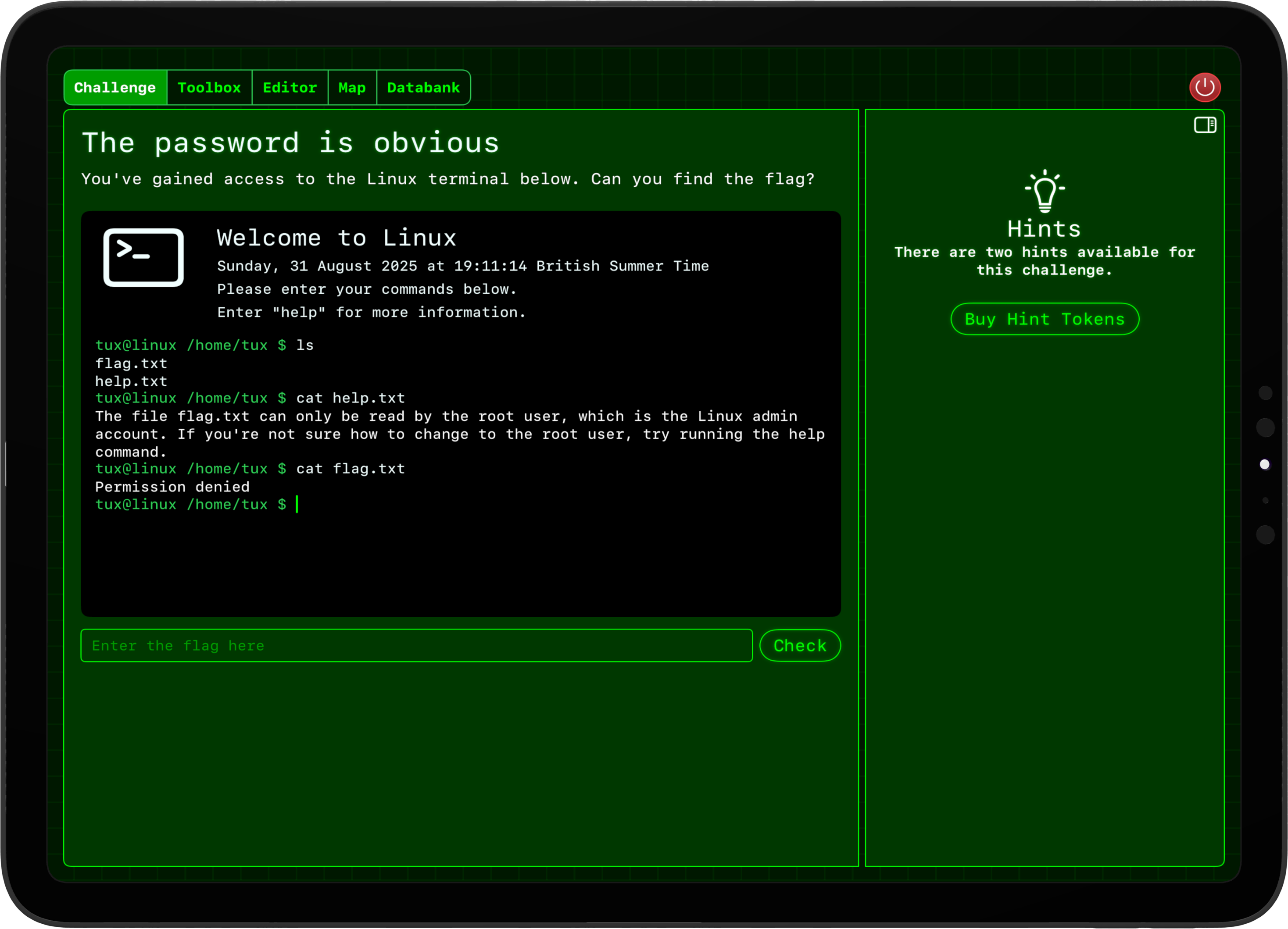 A Linux terminal challenge in Hacktivate, showing commands being run.