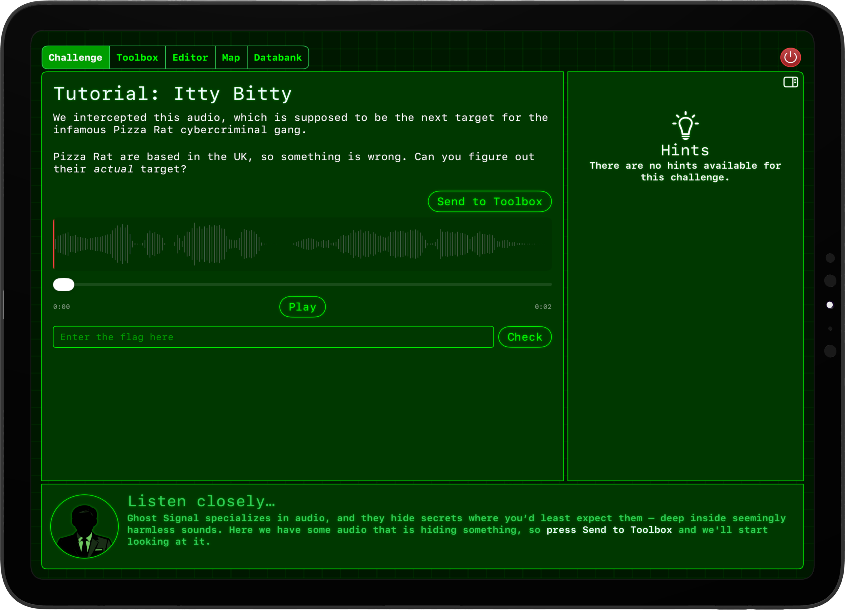 An audio challenge in Hacktivate, showing an audio waveform.