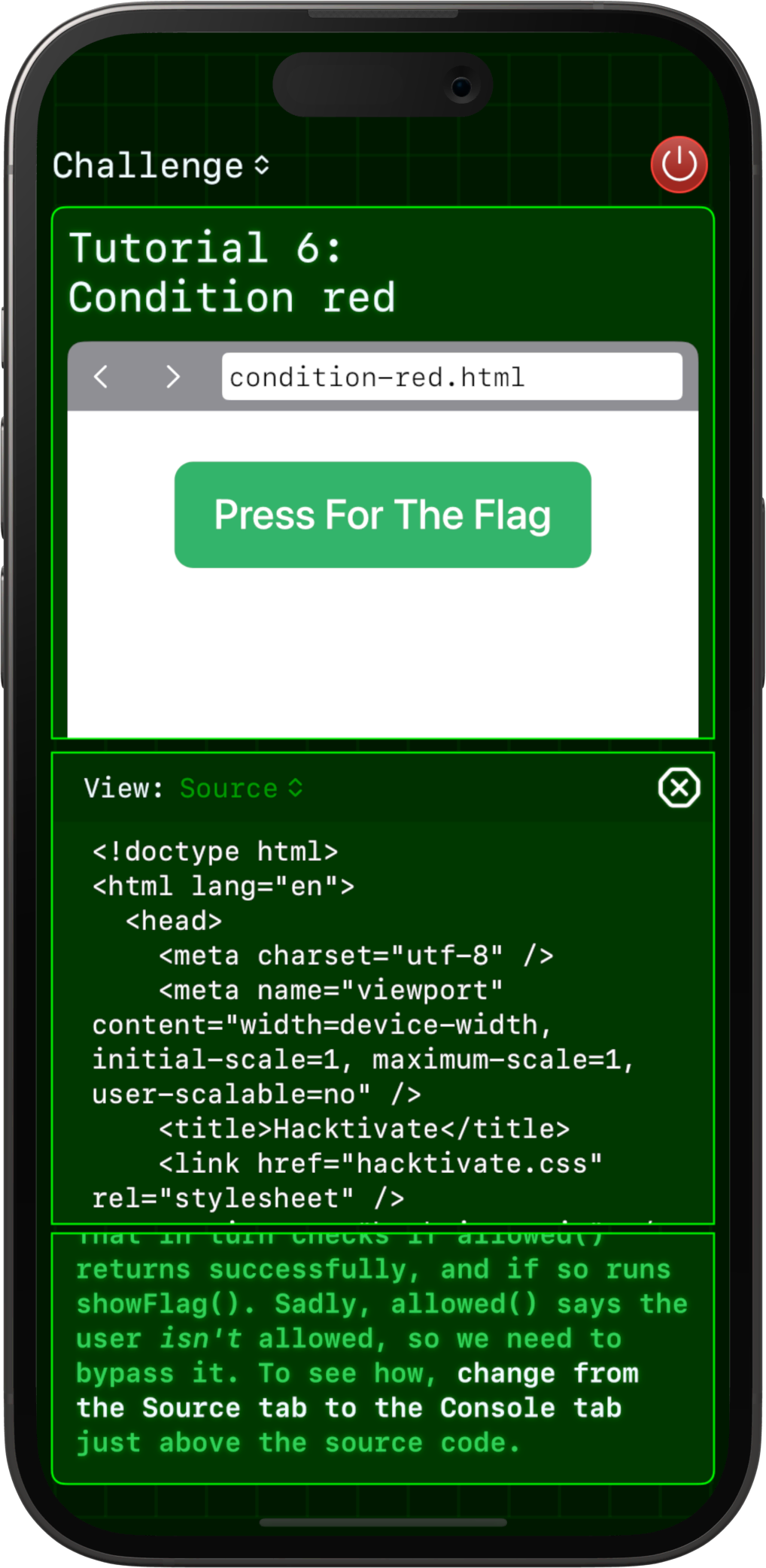 A web browser challenge in Hacktivate, showing HTML source code.