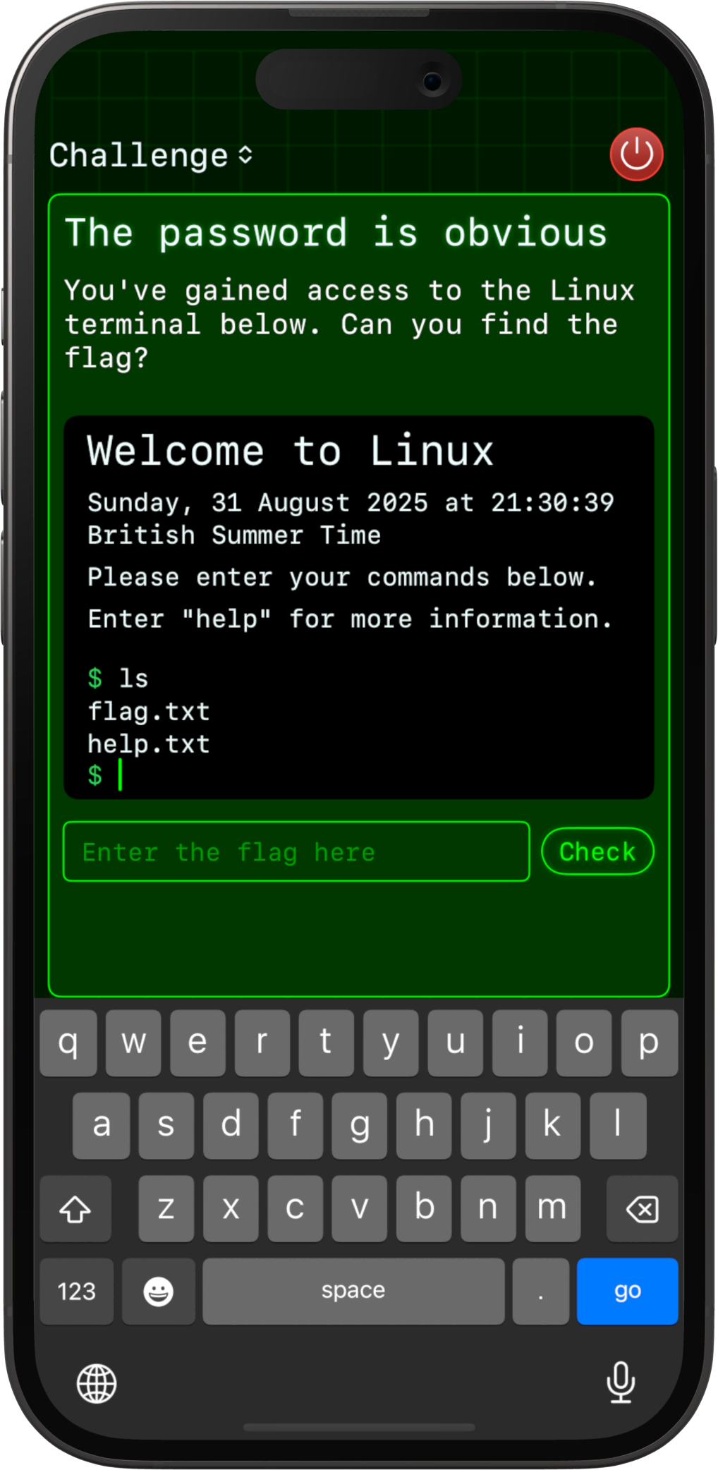 A Linux terminal challenge in Hacktivate, showing commands being run.