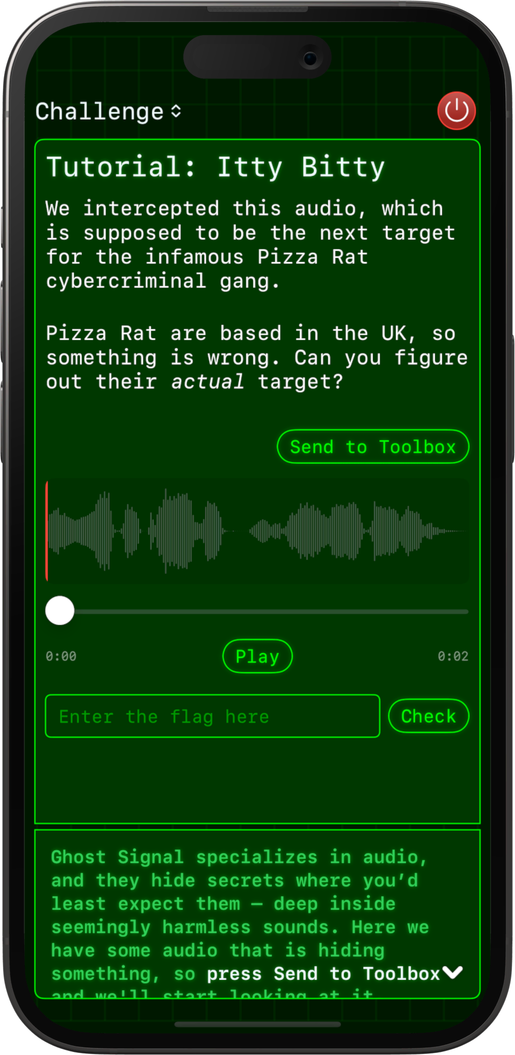 An audio challenge in Hacktivate, showing an audio waveform.