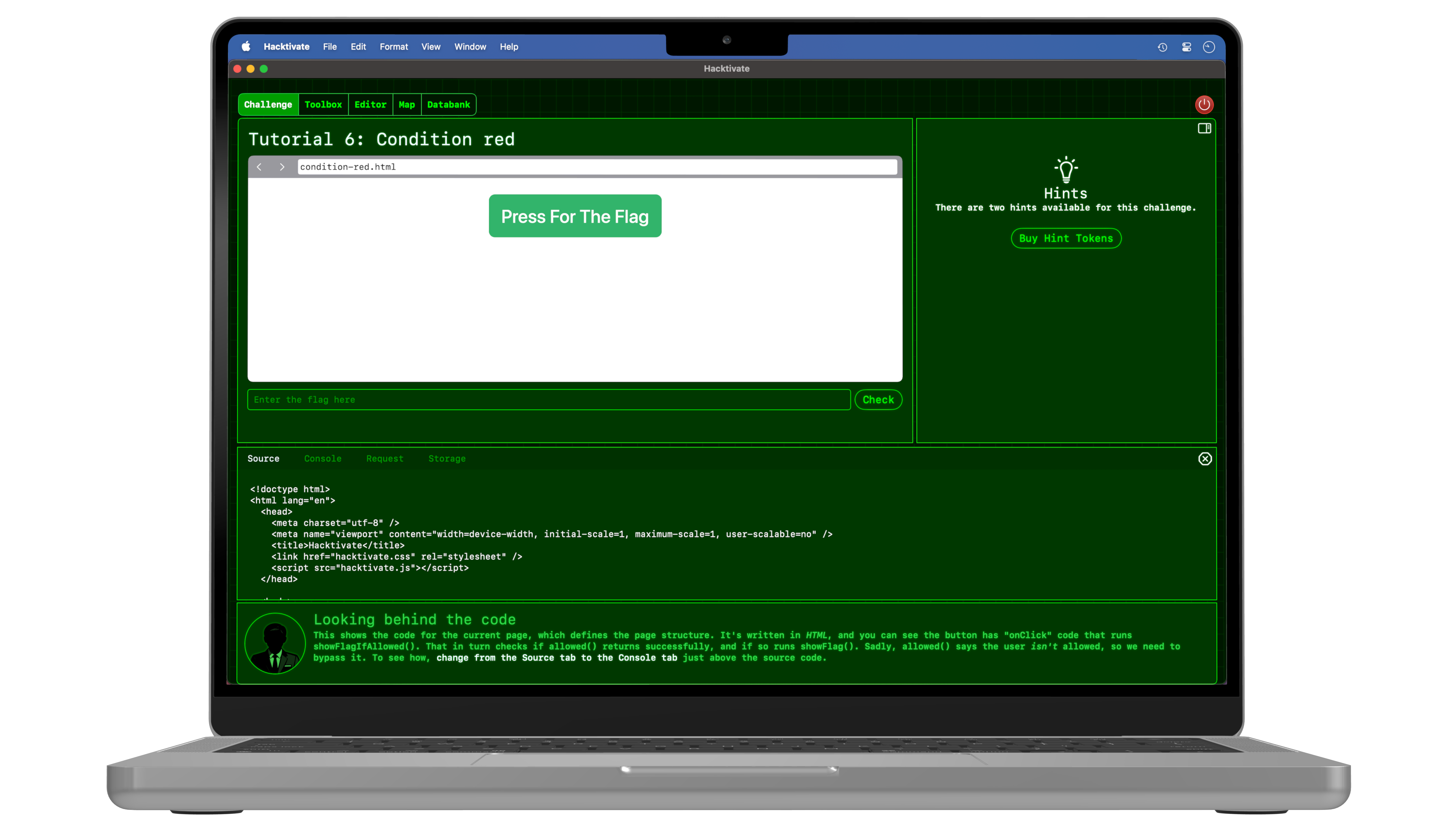 A web browser challenge in Hacktivate, showing HTML source code.