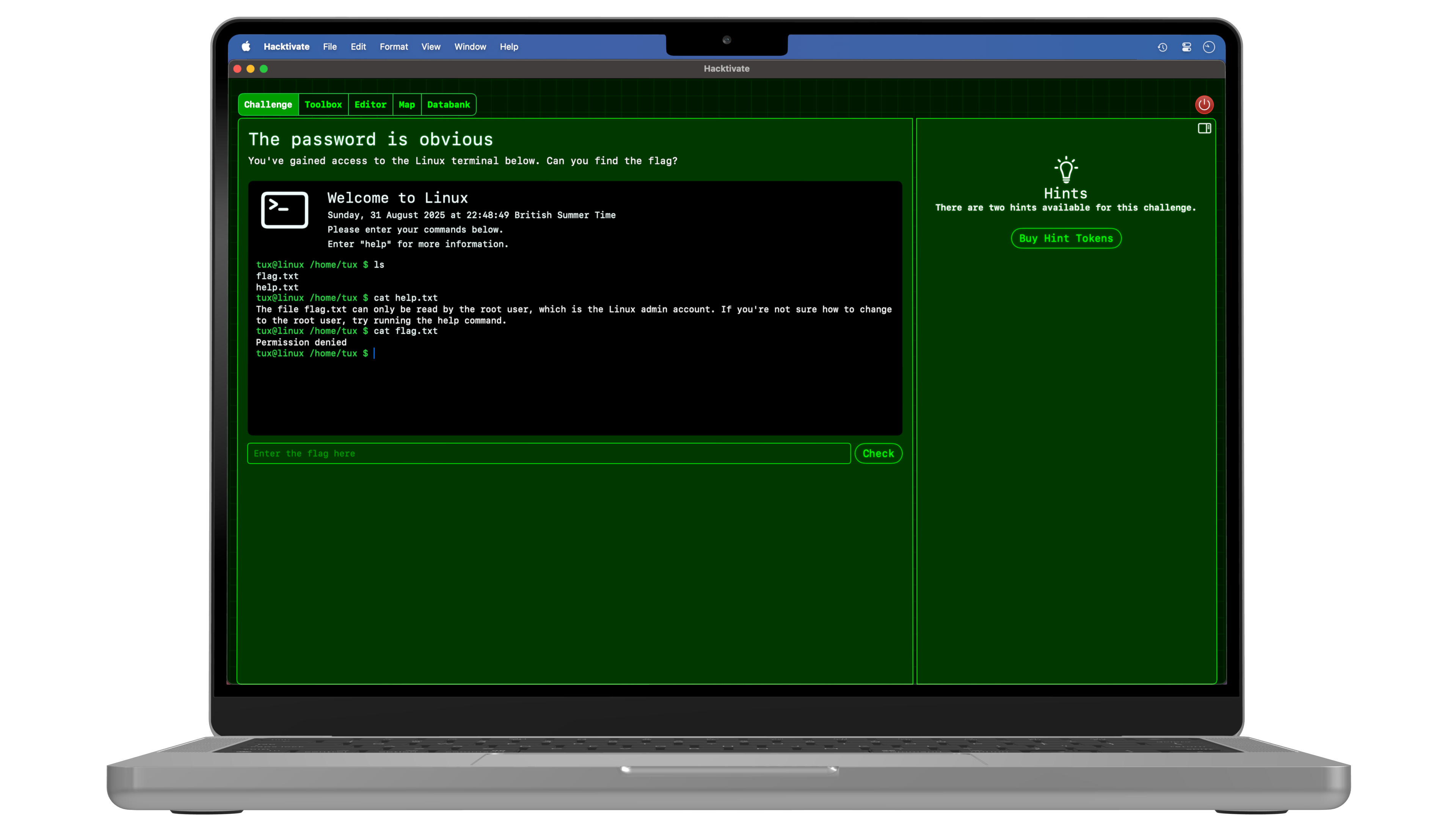 A Linux terminal challenge in Hacktivate, showing commands being run.