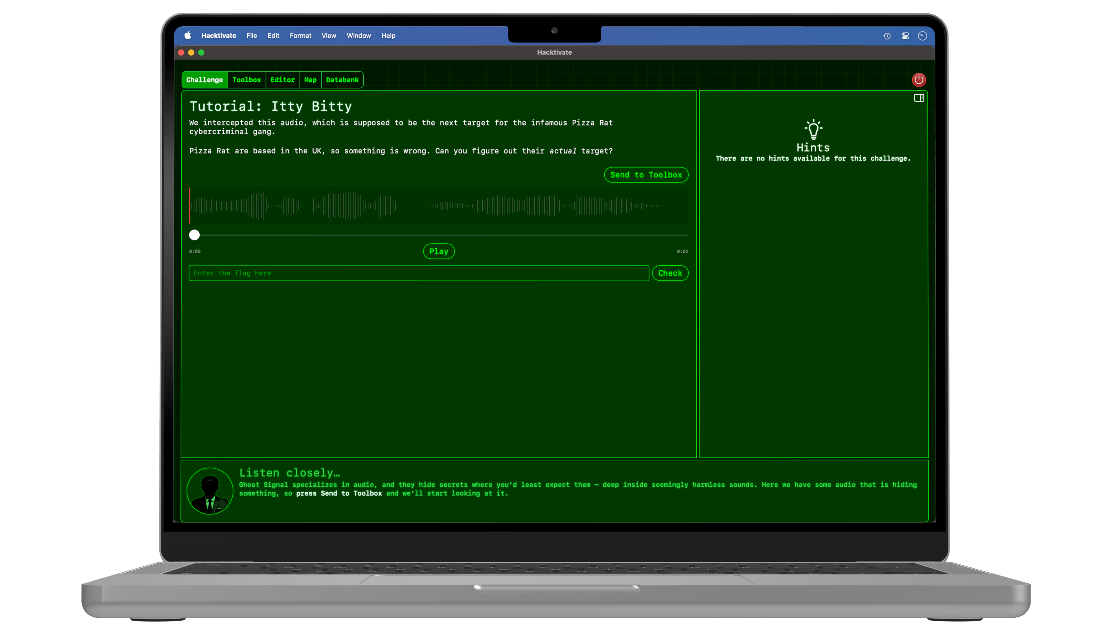 An audio challenge in Hacktivate, showing an audio waveform.