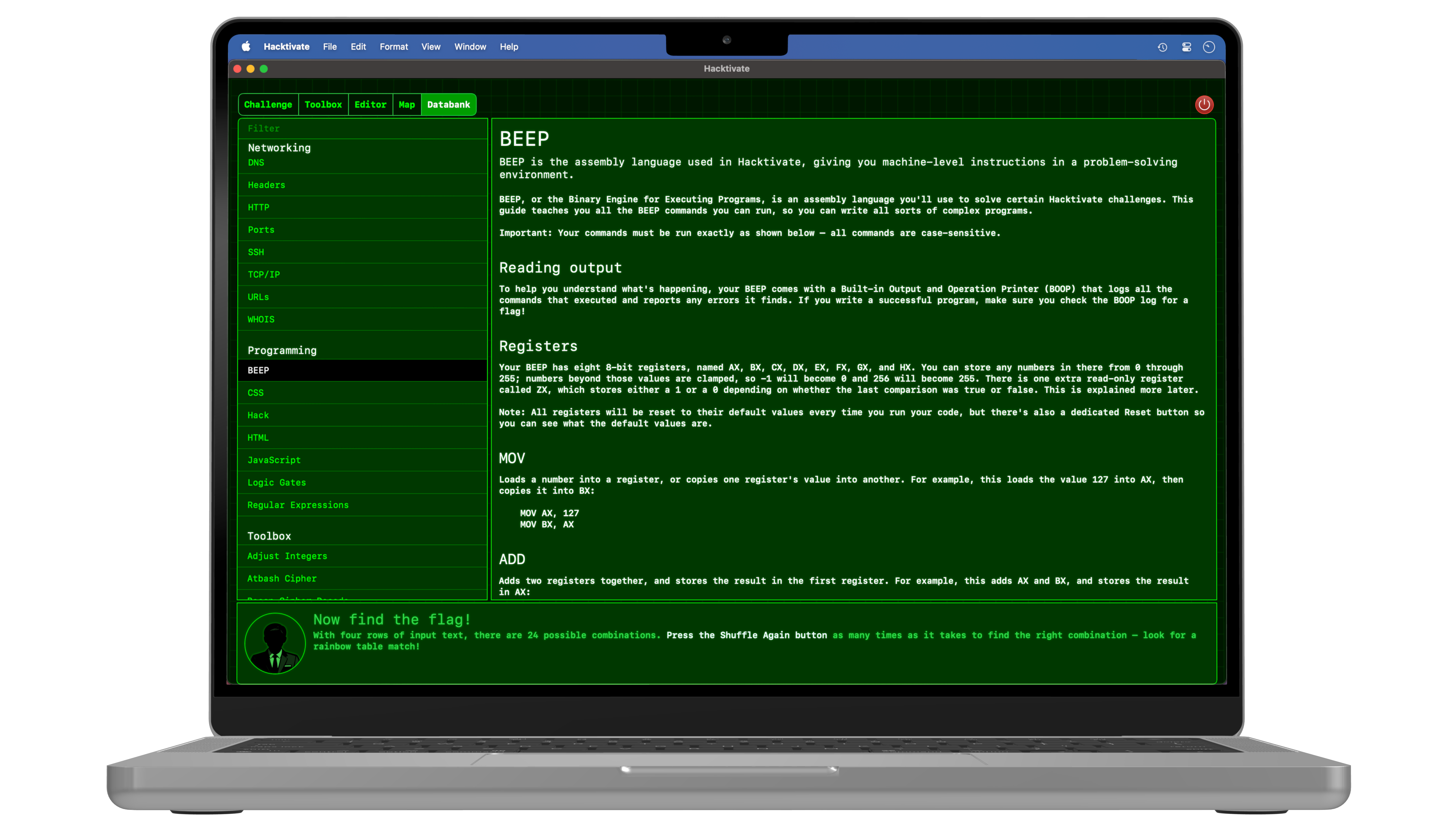 Documentation for the BEEP programming language in Hacktivate.