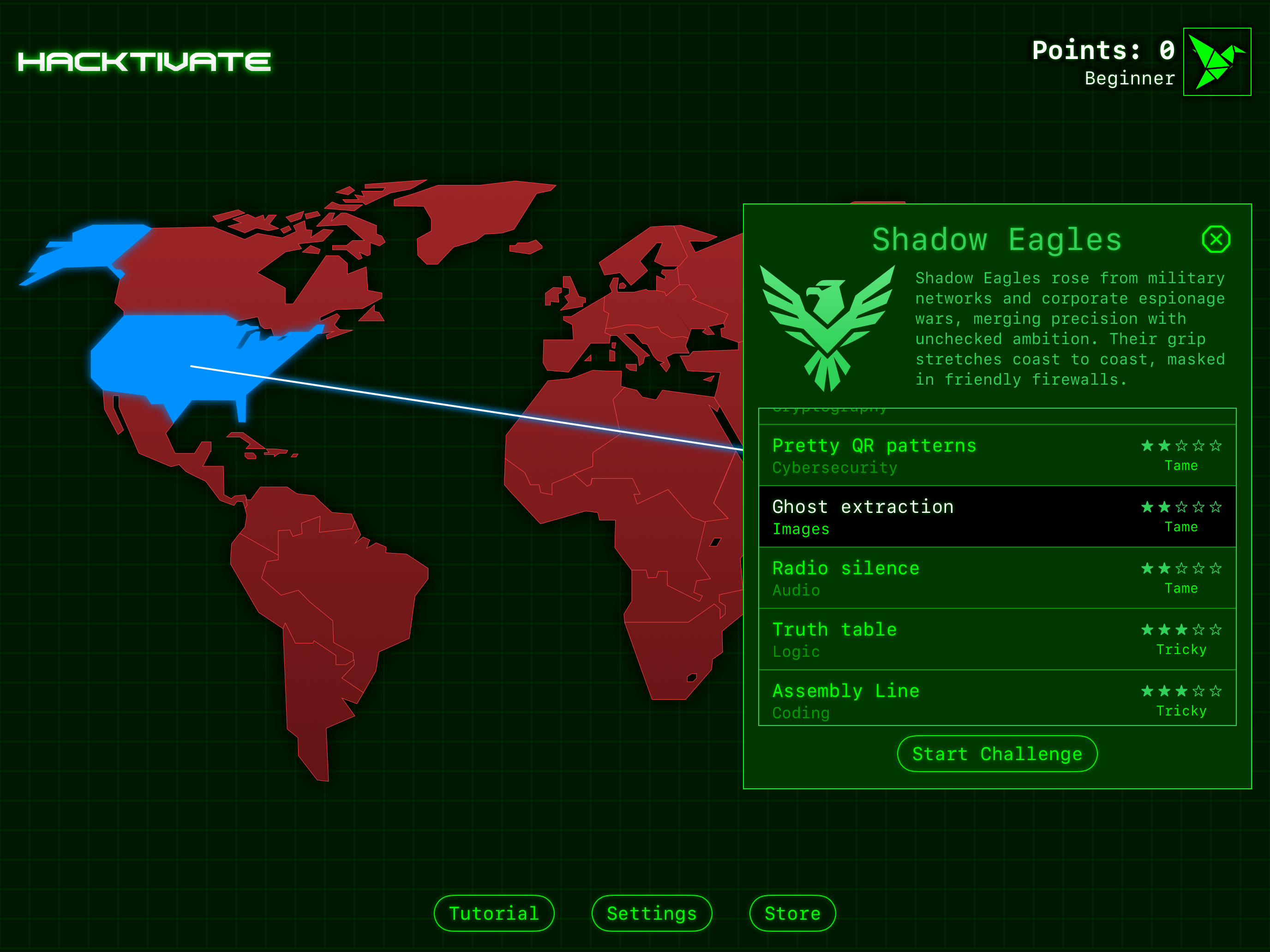 The Hacktivate world map showing a list of missions in the USA.