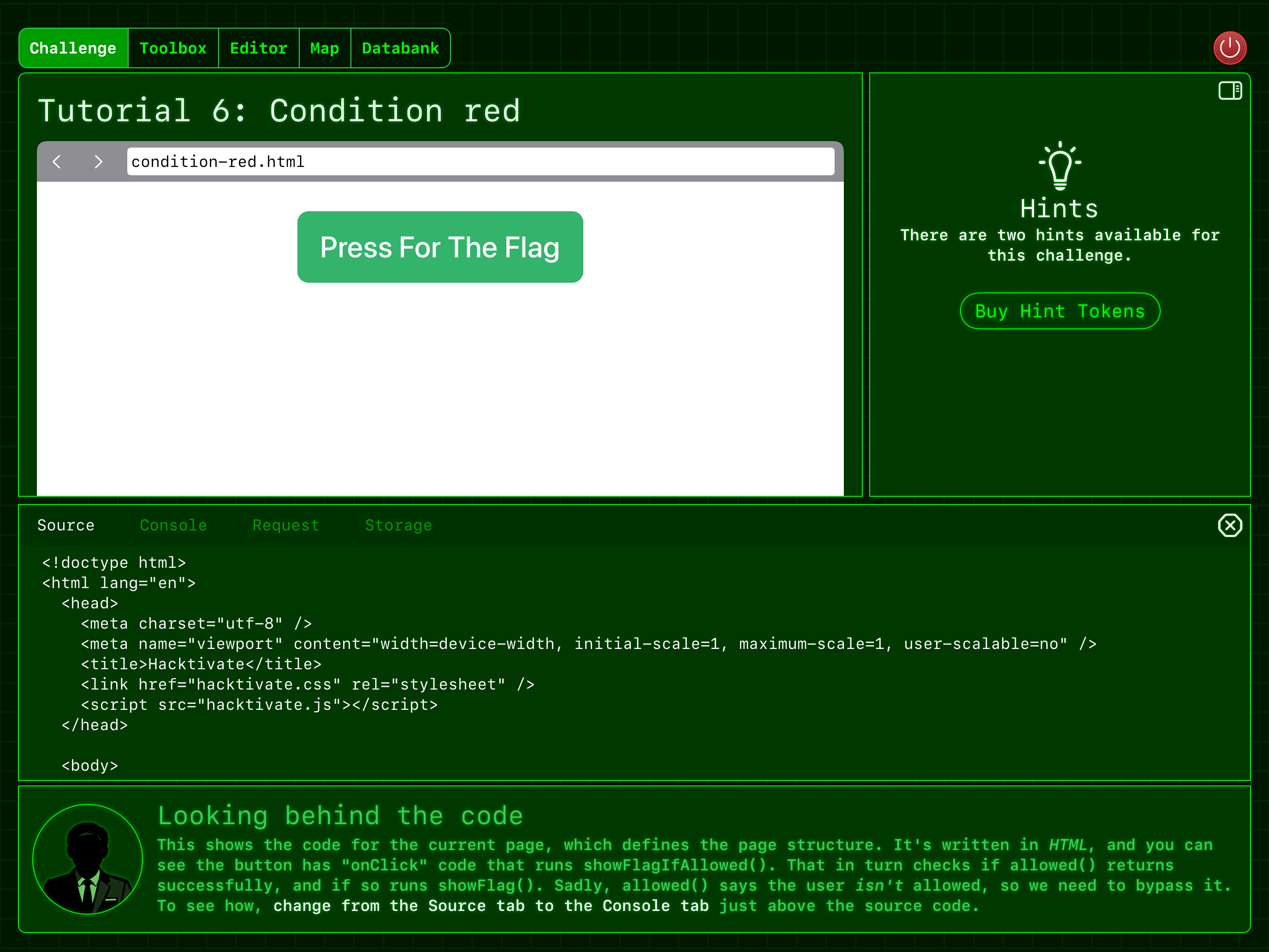 A web browser challenge in Hacktivate, showing source code and tutorial text.